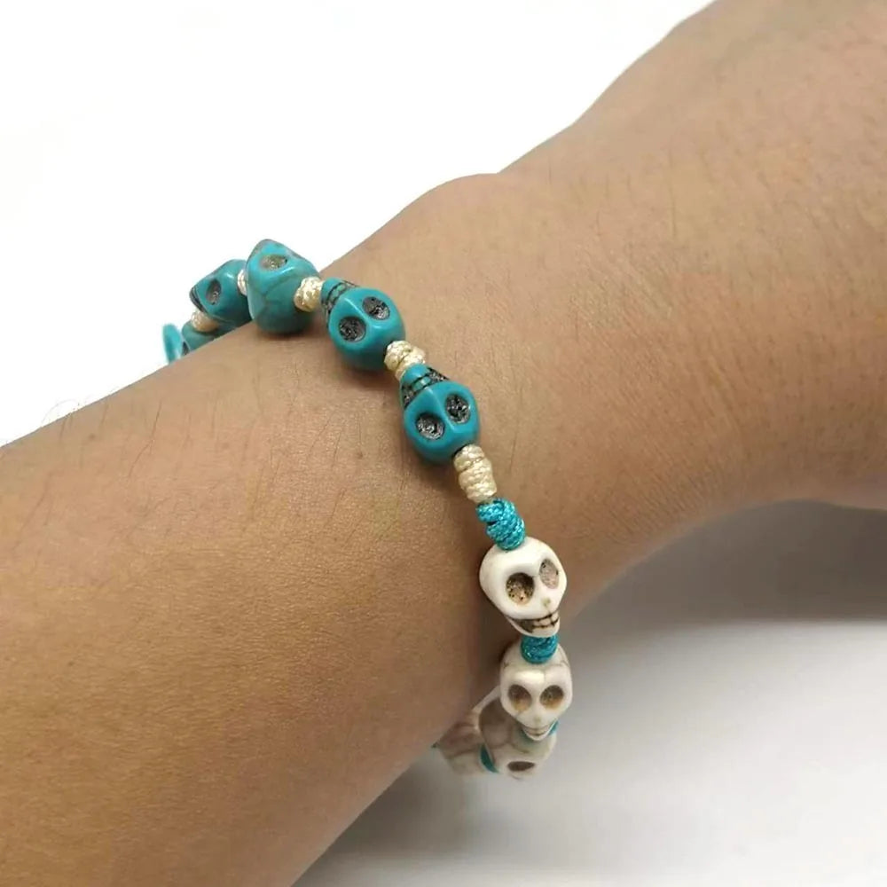 Halloween Gift Vintage Bangle Jewelry Turquoise Color Acrylic Skull Hand Woven Men's Bracelet With Adjustable Length